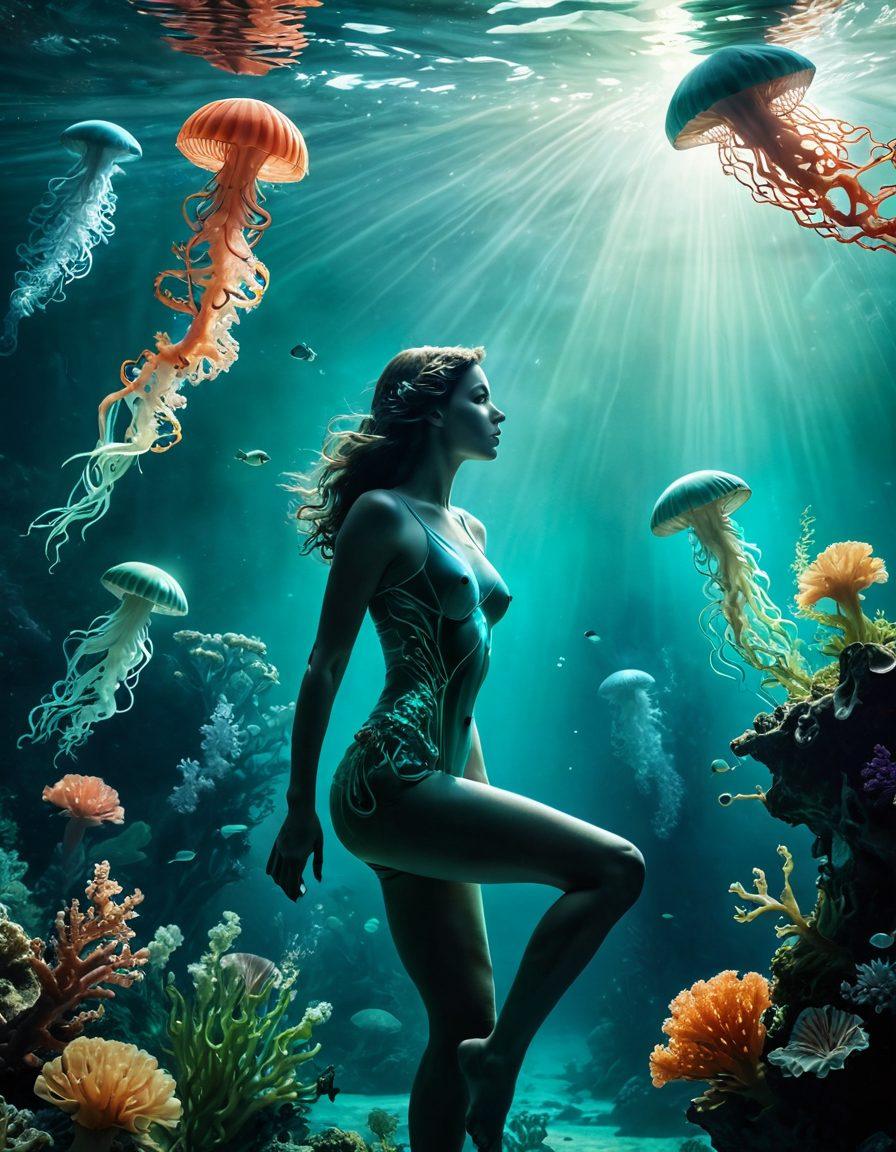 A surreal underwater scene illustrating the connection between aquatic life and the female anatomy. Elegant silhouettes of women are intertwined with various vibrant sea creatures, such as jellyfish and corals, symbolizing both beauty and strength. Soft blue and green tones enhance the sense of depth, while gentle light rays filtering through the water create an ethereal atmosphere. Subtle overlays of anatomical features subtly blend with the marine elements, inviting curiosity and contemplation. vibrant colors. surrealism. 3D.