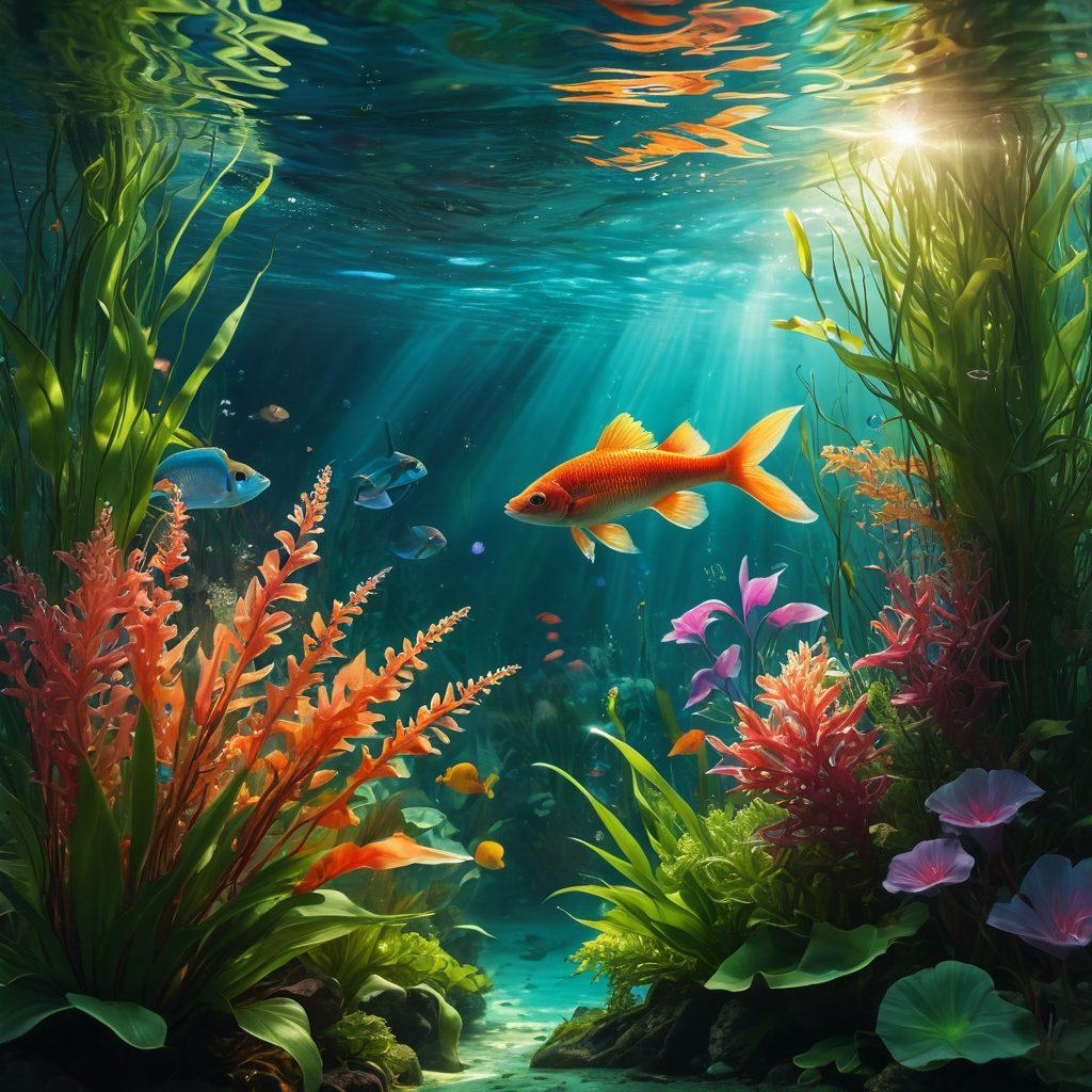 A vibrant underwater scene showcasing an elegant blend of fish swimming amidst flourishing aquatic plants, interspersed with abstract feminine silhouettes emerging gracefully from the water. The colors should be bright and captivating, representing both the beauty of marine life and feminine forms harmoniously coexisting. Add soft light rays filtering through the surface, illuminating this enchanting symbiosis. super-realistic. vibrant colors. magical ambiance.