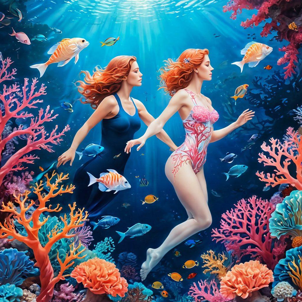 A mesmerizing underwater scene illustrating the harmonious connection between marine life and female anatomy, featuring vibrant coral reefs resembling flowing curves of the female form. Include silhouettes of diverse marine creatures gracefully swimming alongside anatomical representations, with soft, ethereal lighting filtering through the water. The color palette should be rich in blues and pinks, evoking a sense of serenity and mystique. super-realistic. vibrant colors.